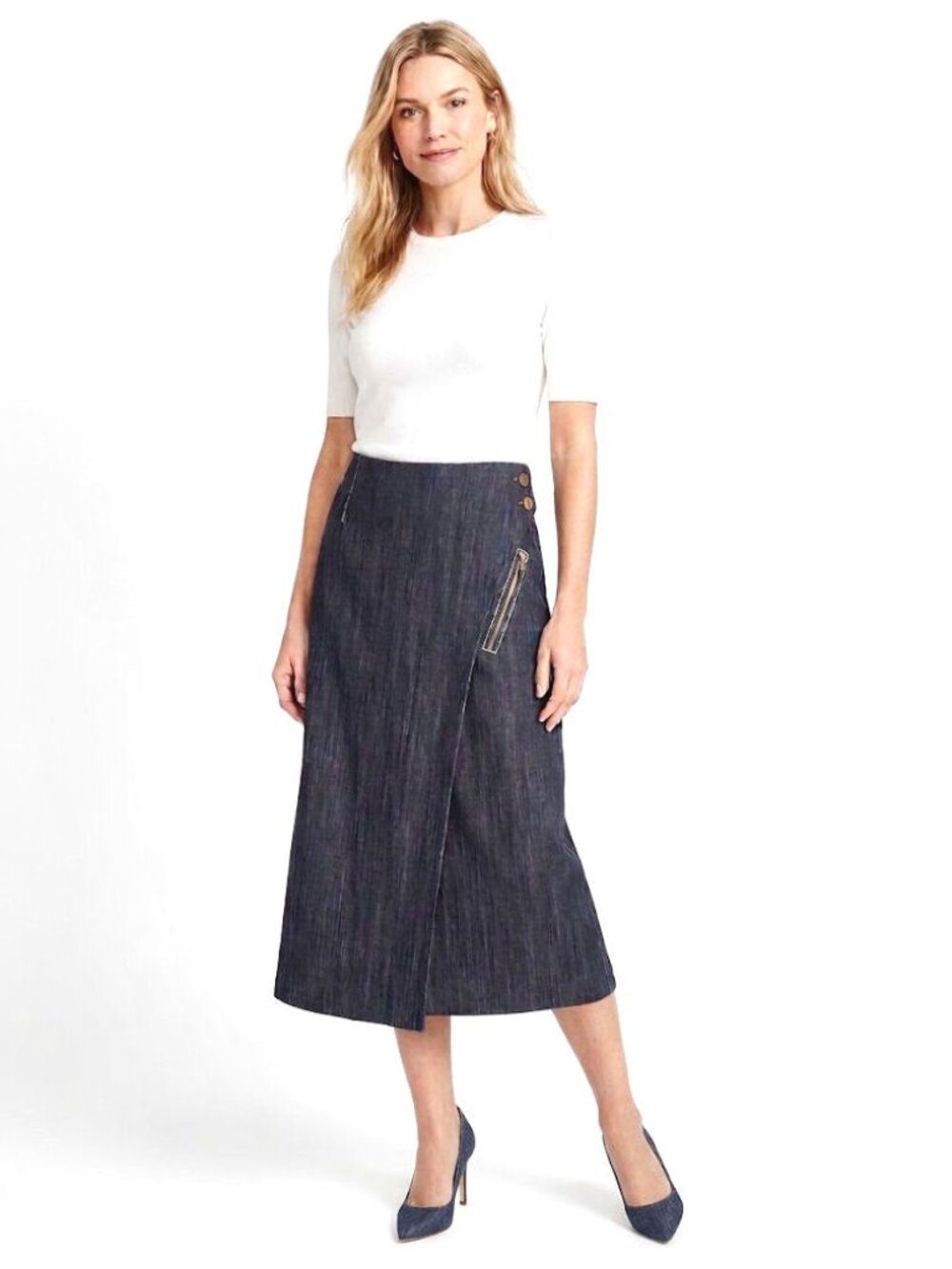 Adam Lippes Denim Asymmetric Wrap Midi Skirt, Dark Indigo, Womens Size 6